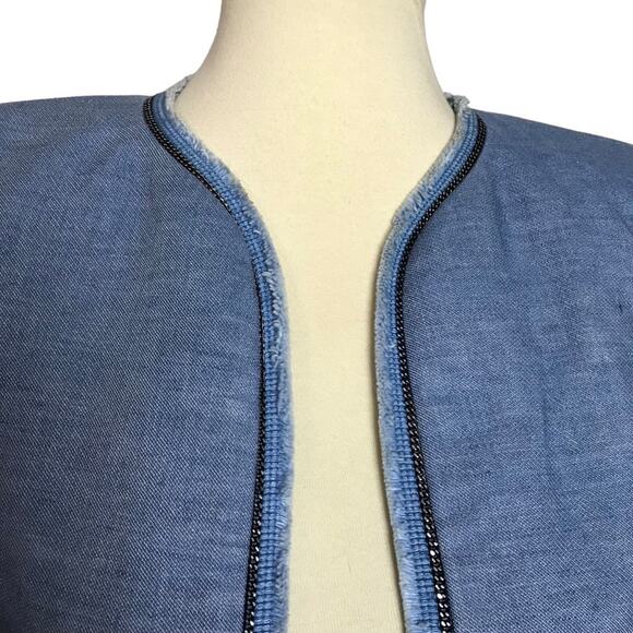 Sandro Chambray Open Front Raw Edge Blue Linen Cotton Blazer Coat Jacket Size 36 - Picture 3 of 11